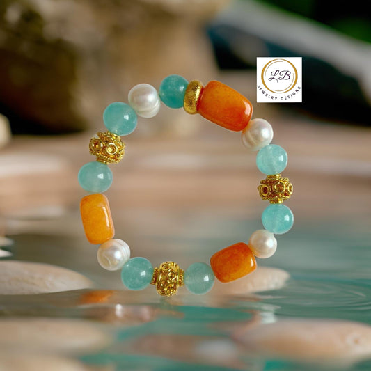 Colorful Carnelian, Baroque Pearls & Aquamarine Gemstones Gold Beaded Bracelet