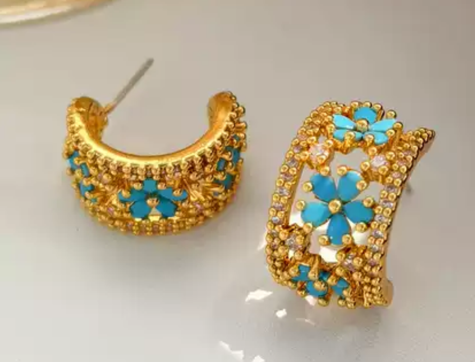 Sleeping Beauty Turquoise and CZ Huggie Hoop Earrings