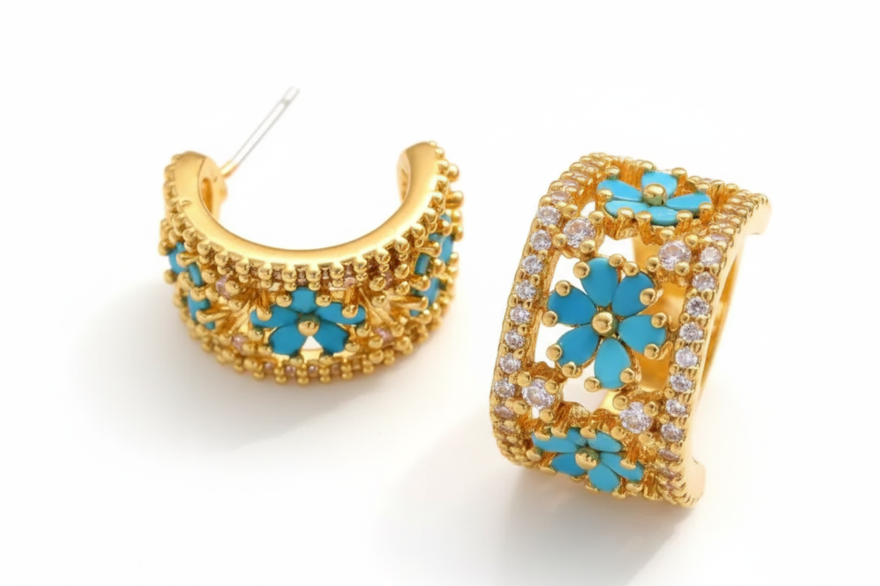 Turquoise CZ Huggie Hoop Earrings