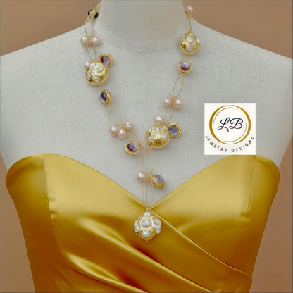 Purple Murano Baubles & Pearls Gold Chain Necklace