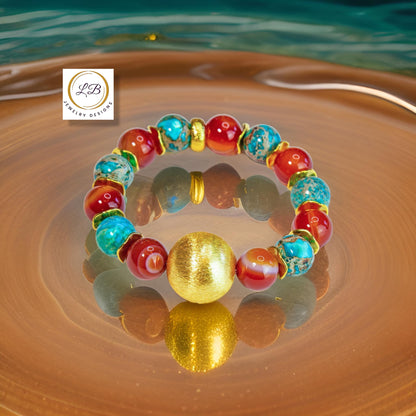 Orange Carnelian & Turquoise Gemstone 18k Brushed Gold Vermeil Statement Bracelet