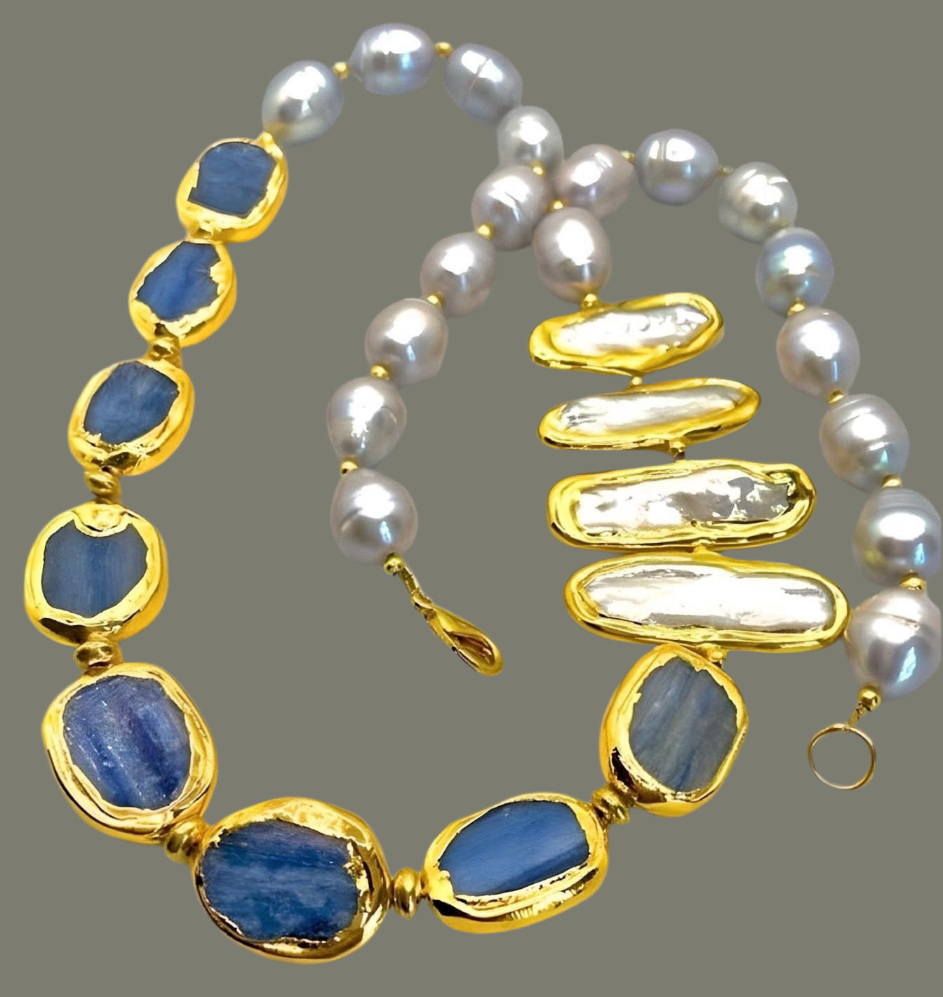 Blue Kyanite & Pearls Gemstone Statement Necklace 23”