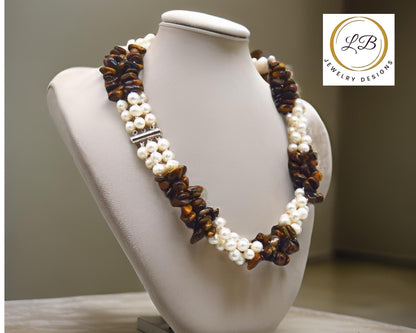 Tiger’s Eye & Freshwater Pearls Gemstone Triple-Strand Statement Necklace