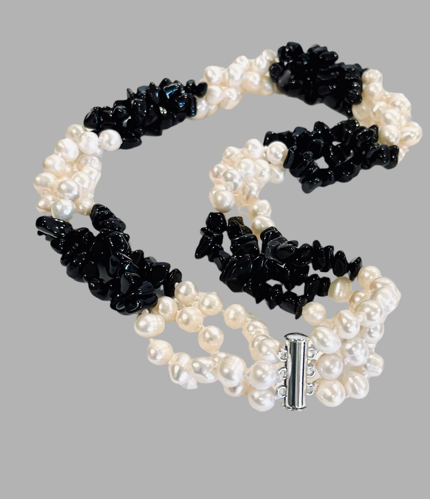 Triple-Strand Black Onyx & Freshwater Pearls Gemstone Statement Necklace 19"