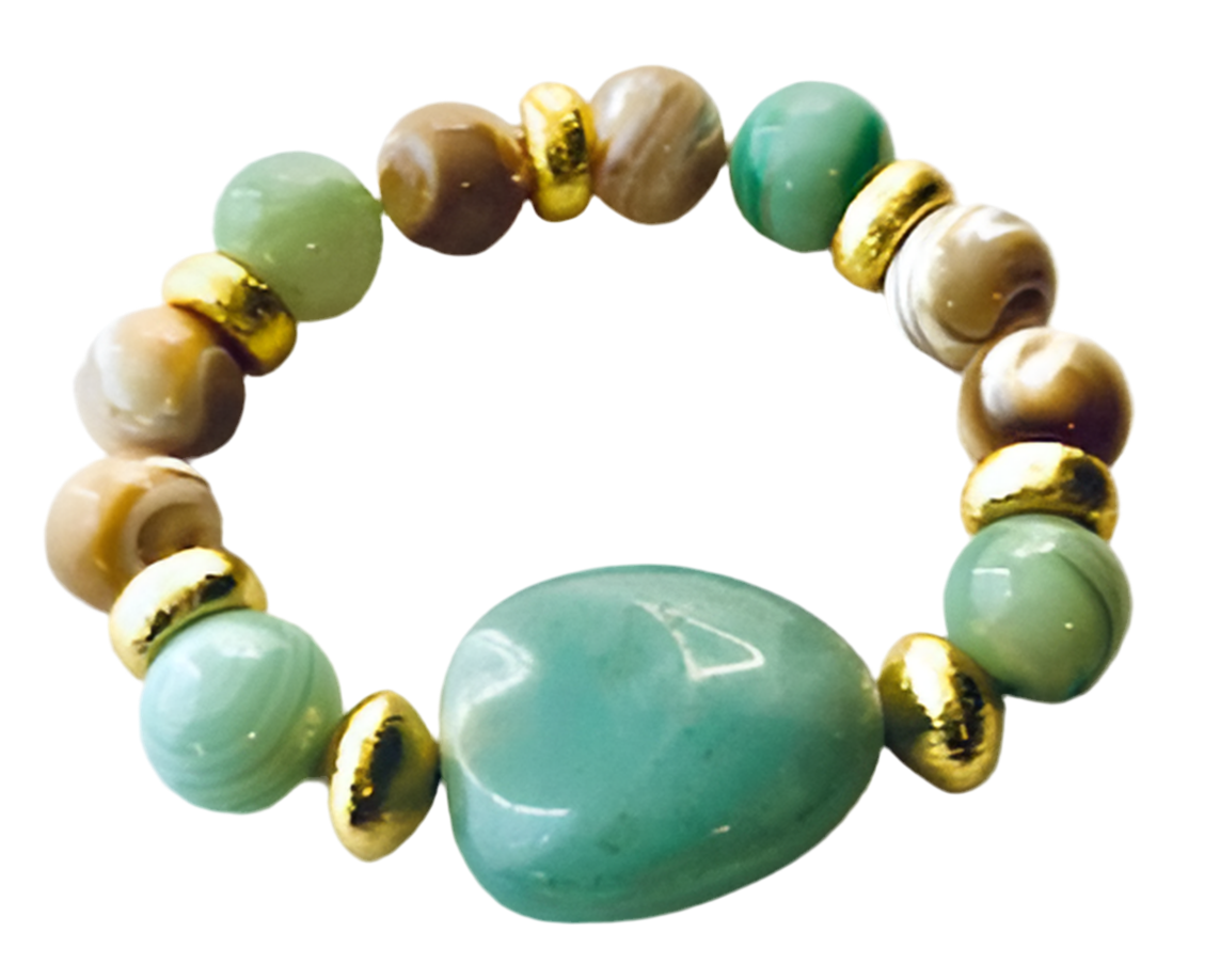 Green Aventurine Tumbled Stone & Mother of Pearl Gold Bracelet