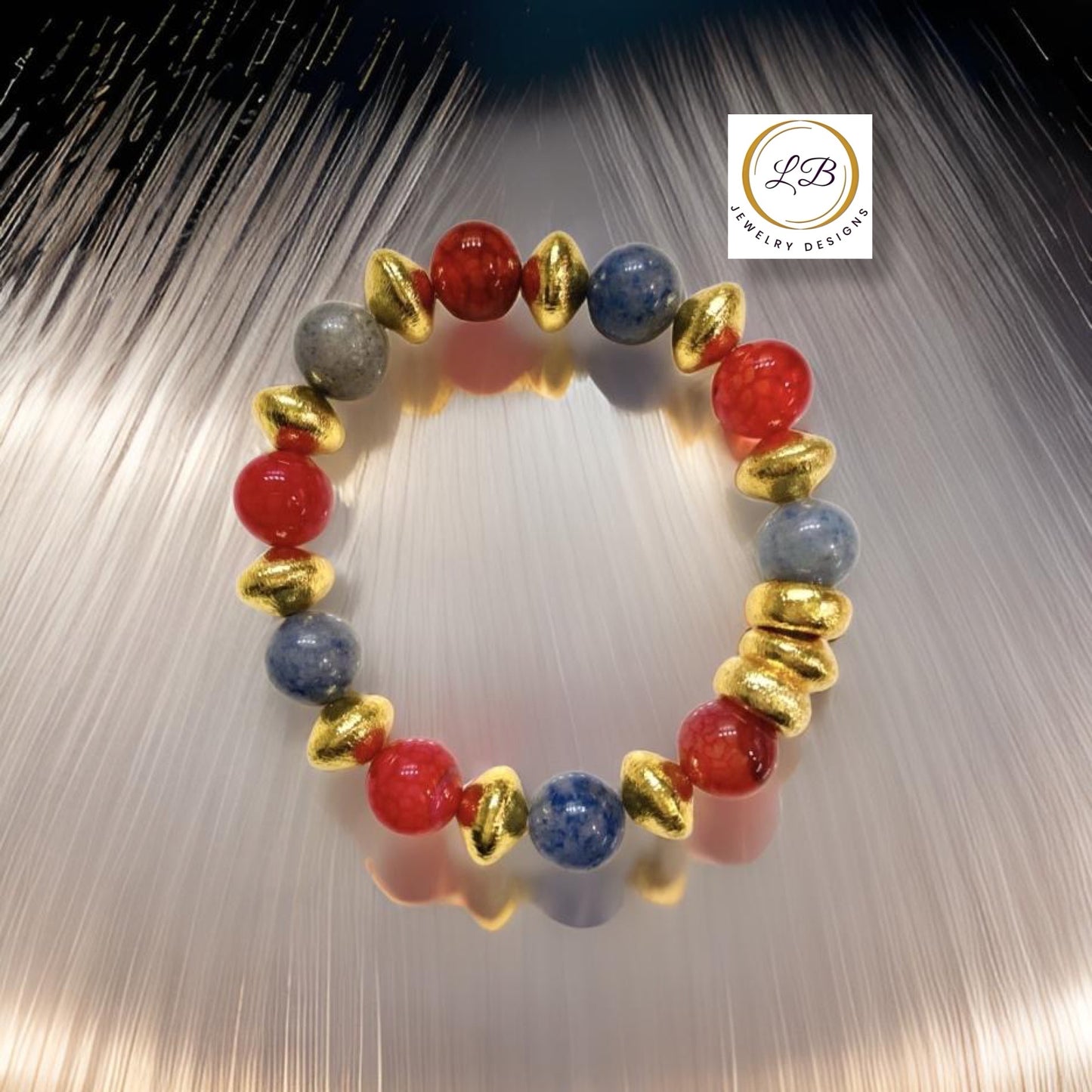 Blue Sodalite, Red Agate Gemstone Gold Beaded Bracelet