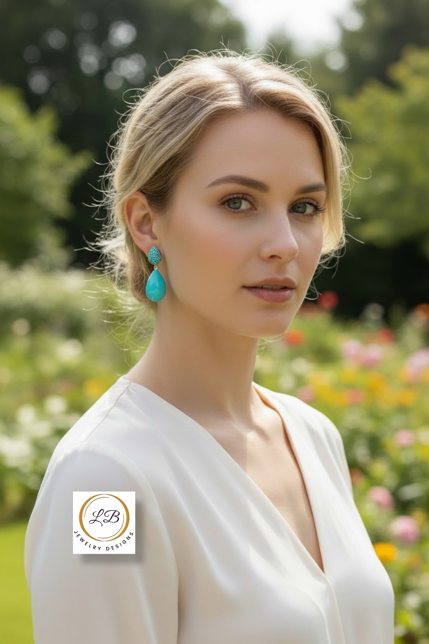 Sleeping Beauty Turquoise Teardrop Pave Stud Earrings 1.4”