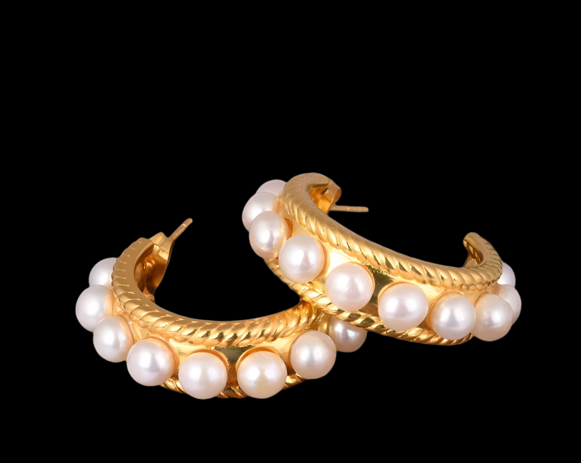 24k Gold Hoop Pearl Earrings