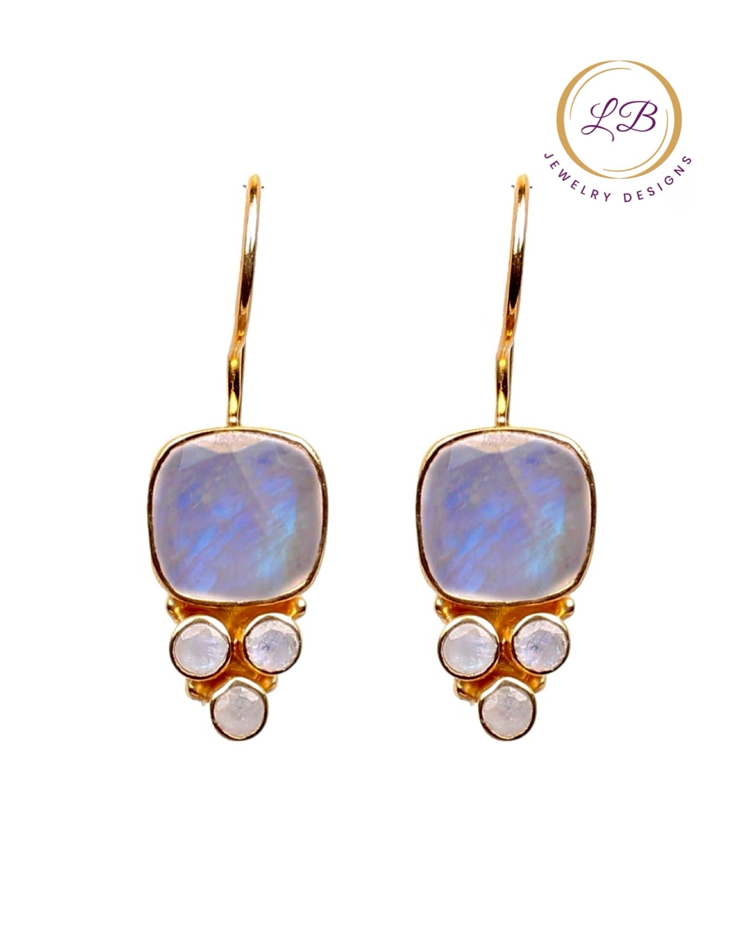 Blue Rainbow & White Moonstone Gemstone Gold Dangle Earrings 1.0"