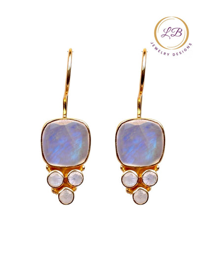 Blue Rainbow & White Moonstone Gemstone Gold Dangle Earrings 1.0"