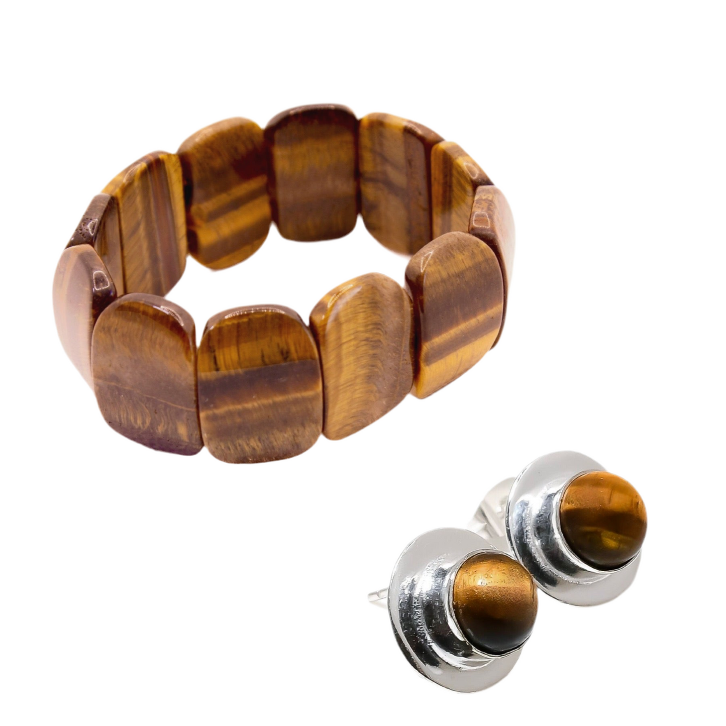 Tiger's Eye Statement Bracelet & Sterling Silver Gemstone Stud Earrings Set