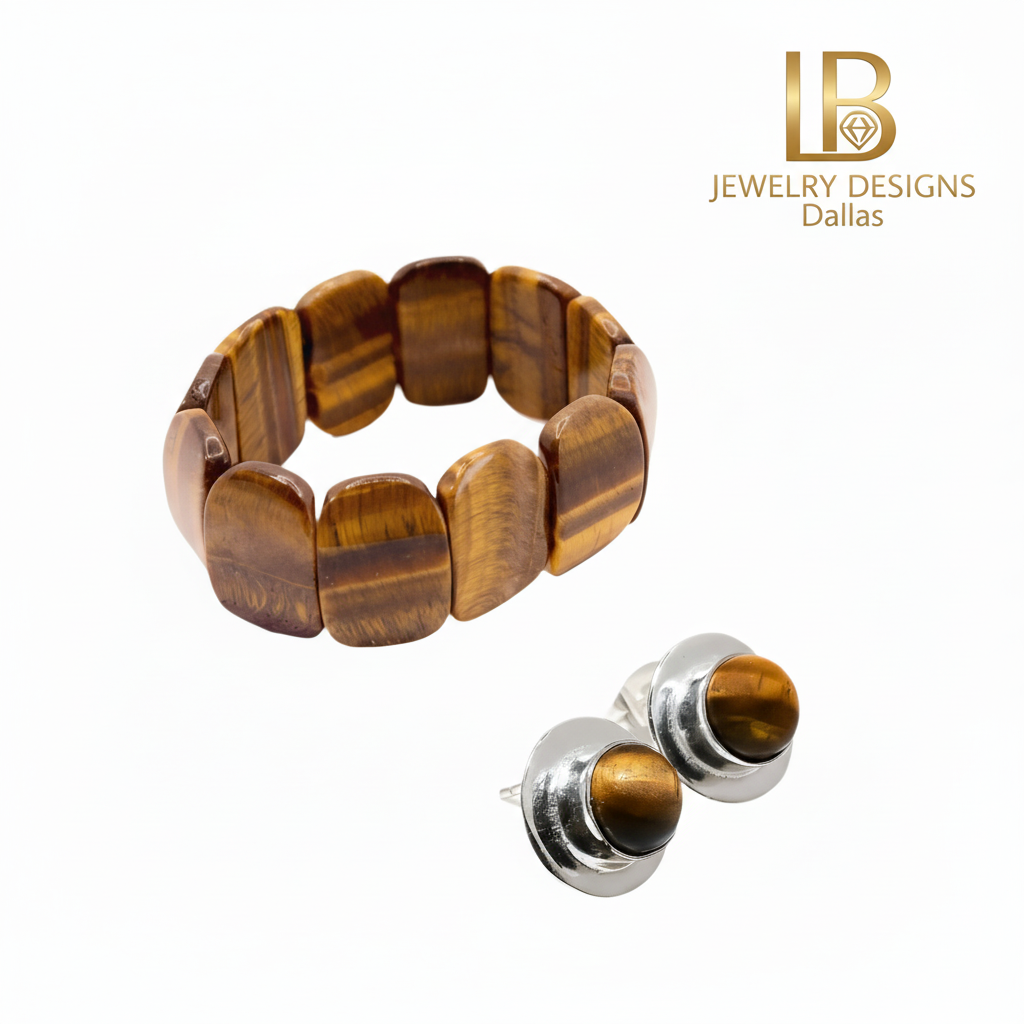 Golden Tiger’s Eye Gemstone Bracelet & Sterling Silver Stud Earrings Set