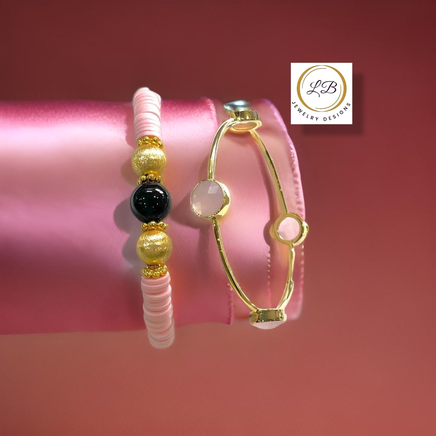 Petite Pink Quartz & Black Onyx Bracelet Set