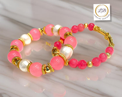 Two-Tone Pink Quartz and Freshwater Pearl Gold Bracelet Set