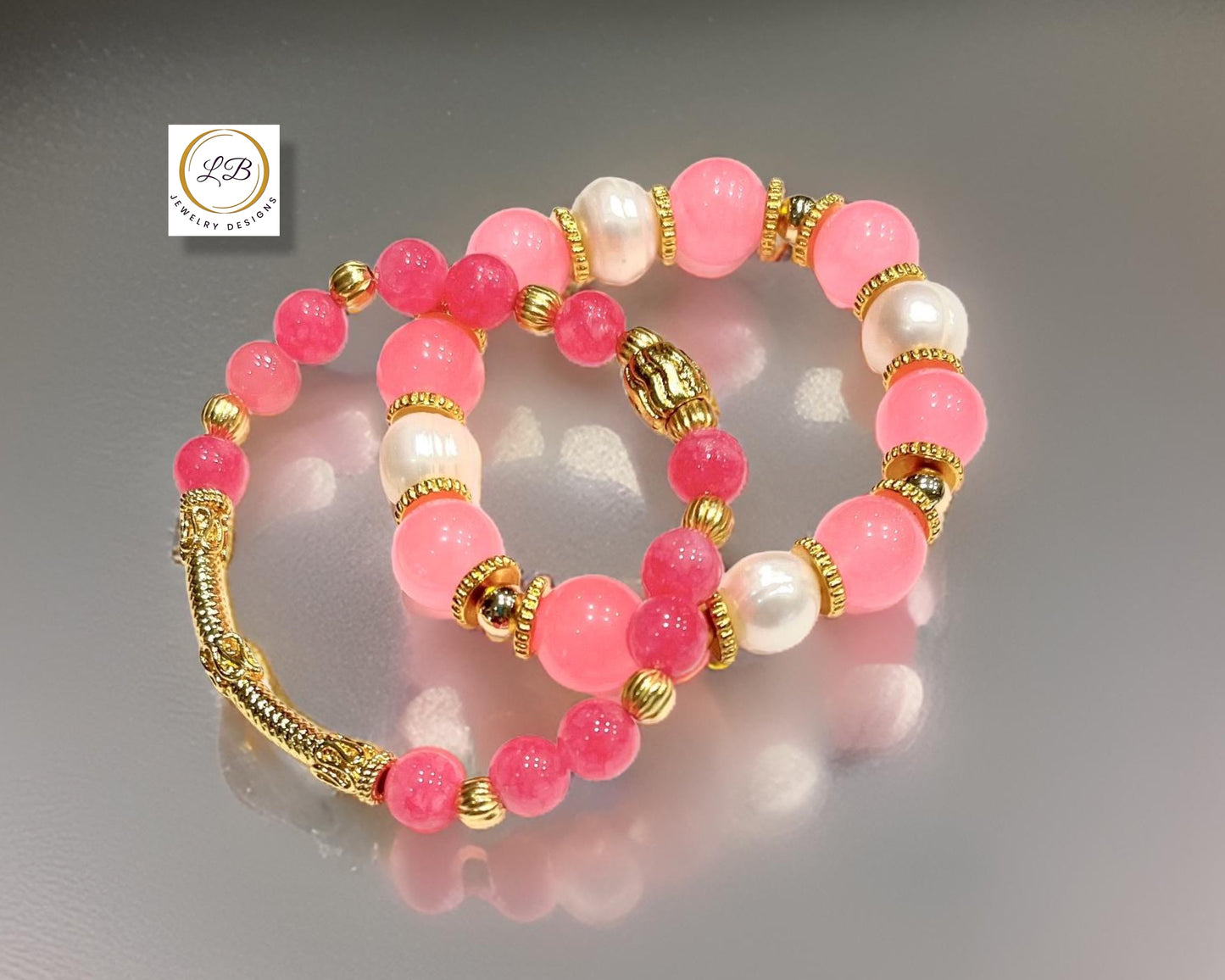 Two-Tone Pink Quartz and Freshwater Pearl Gold Bracelet Set