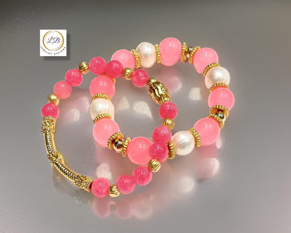 Two-Tone Pink Quartz and Freshwater Pearl Gold Bracelet Set