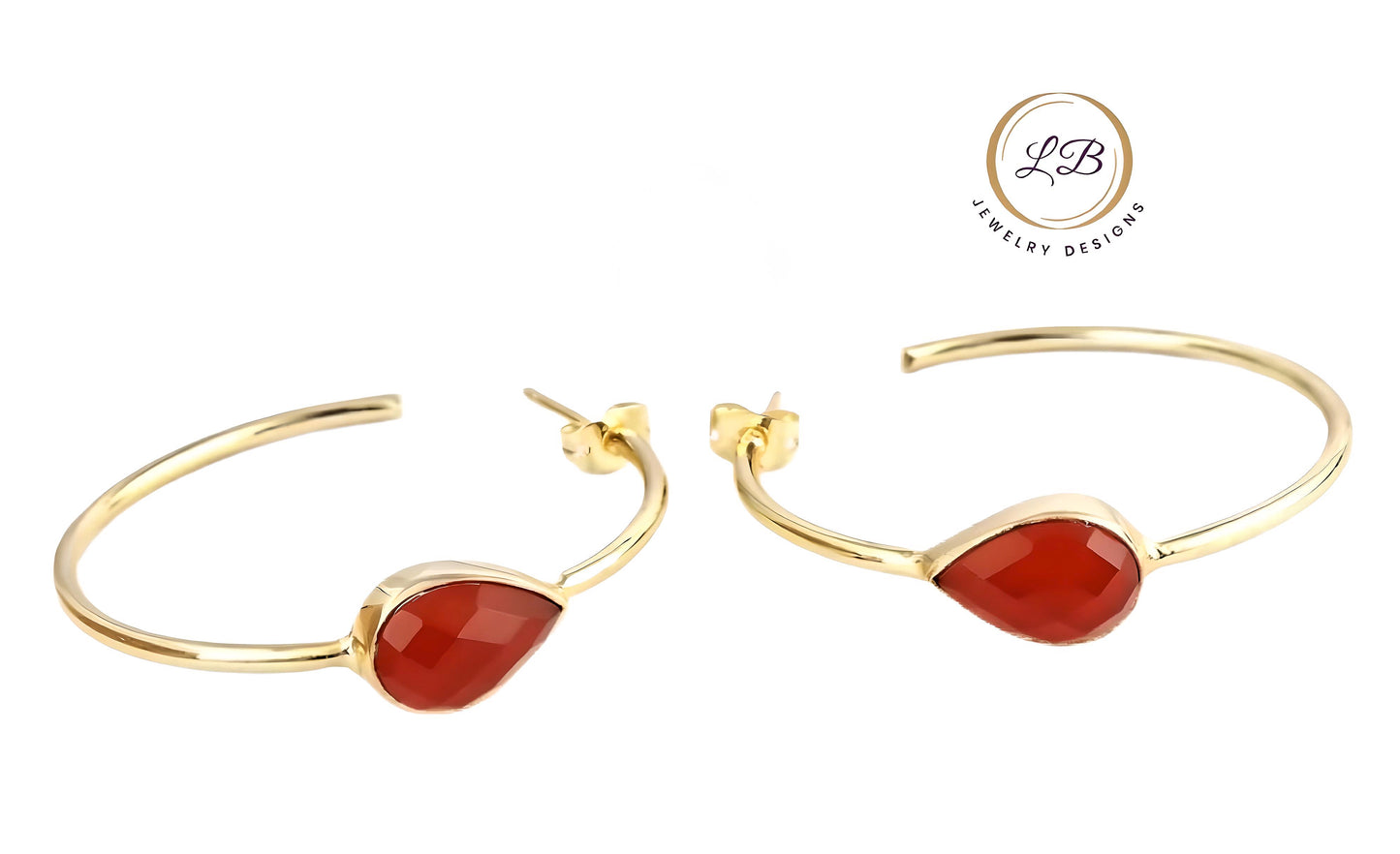 Pear-Shaped Orange Carnelian Gemstone Hoop Earrings 2.25”