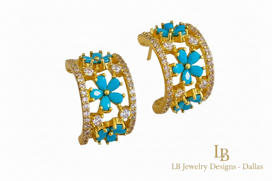Sleeping Beauty Turquoise Pavé Huggie Hoop Earrings – Gold Turquoise Flower Hoops | LB Jewelry Store Dallas Texas