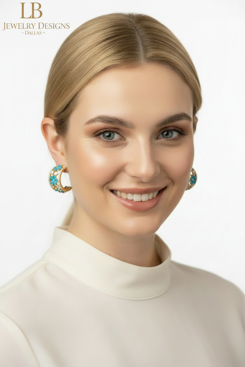 Sleeping Beauty Turquoise Pavé Huggie Hoop Earrings – Gold Turquoise Flower Hoops | LB Jewelry Store Dallas Texas