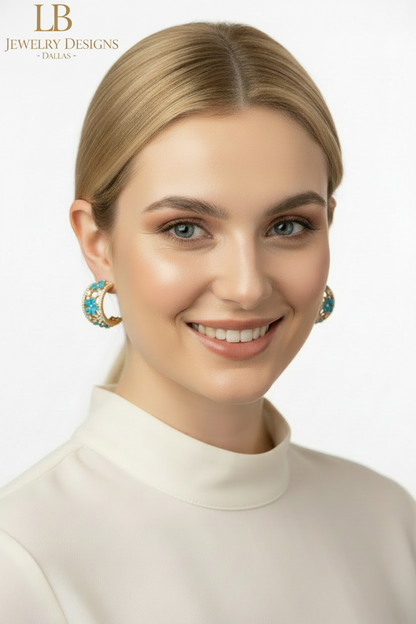 Sleeping Beauty Turquoise Pavé Huggie Hoop Earrings – Gold Turquoise Flower Hoops | LB Jewelry Store Dallas Texas