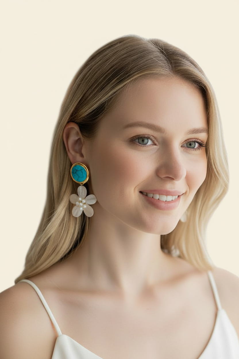 Capri Turquoise & Pearl Shell Flower Statement Earrings – 24k Gold Coastal Resort Earrings