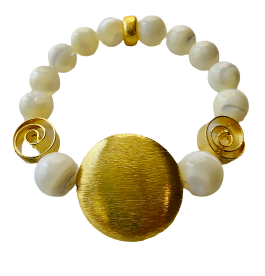 Iridescent Mother of Pearl and 18k Brushed Gold Vermeil Beaded Bracelet