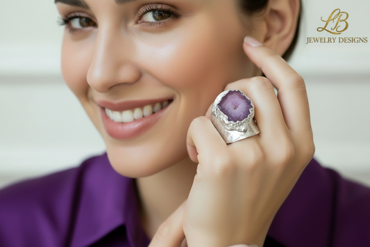 Silver Purple Solar Geode Adjustable Ring