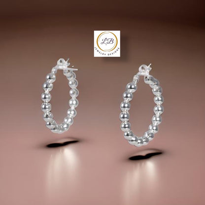 Sterling Silver Beaded Hoop Earrings 1.37”