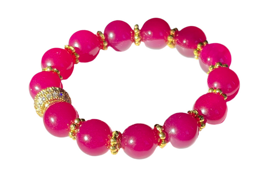 Rose Ruby Quartz Pave Gold Beaded Bracelet