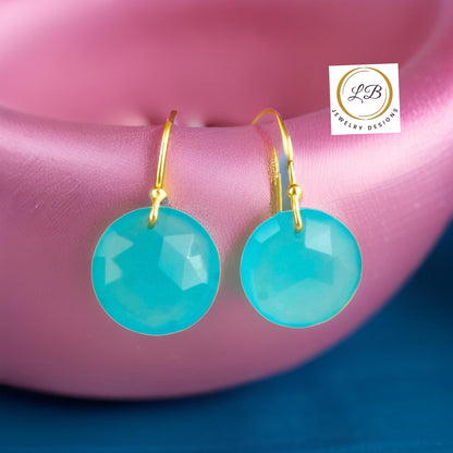 Aqua Chalcedony Gold Dangle Earrings 1.5”