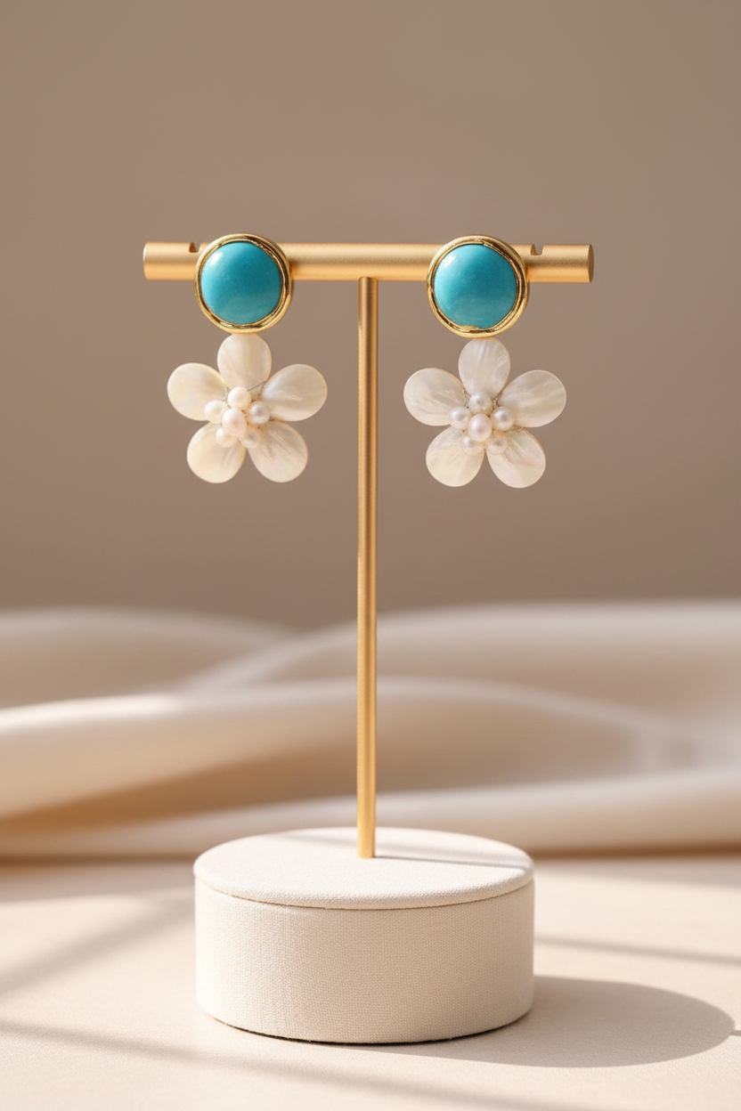 Capri Turquoise & Pearl Shell Flower Statement Earrings – 24k Gold Coastal Resort Earrings