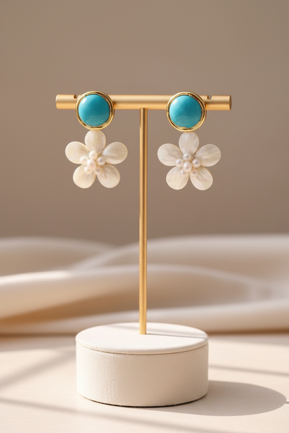 Capri Turquoise & Pearl Shell Flower Statement Earrings – 24k Gold Coastal Resort Earrings