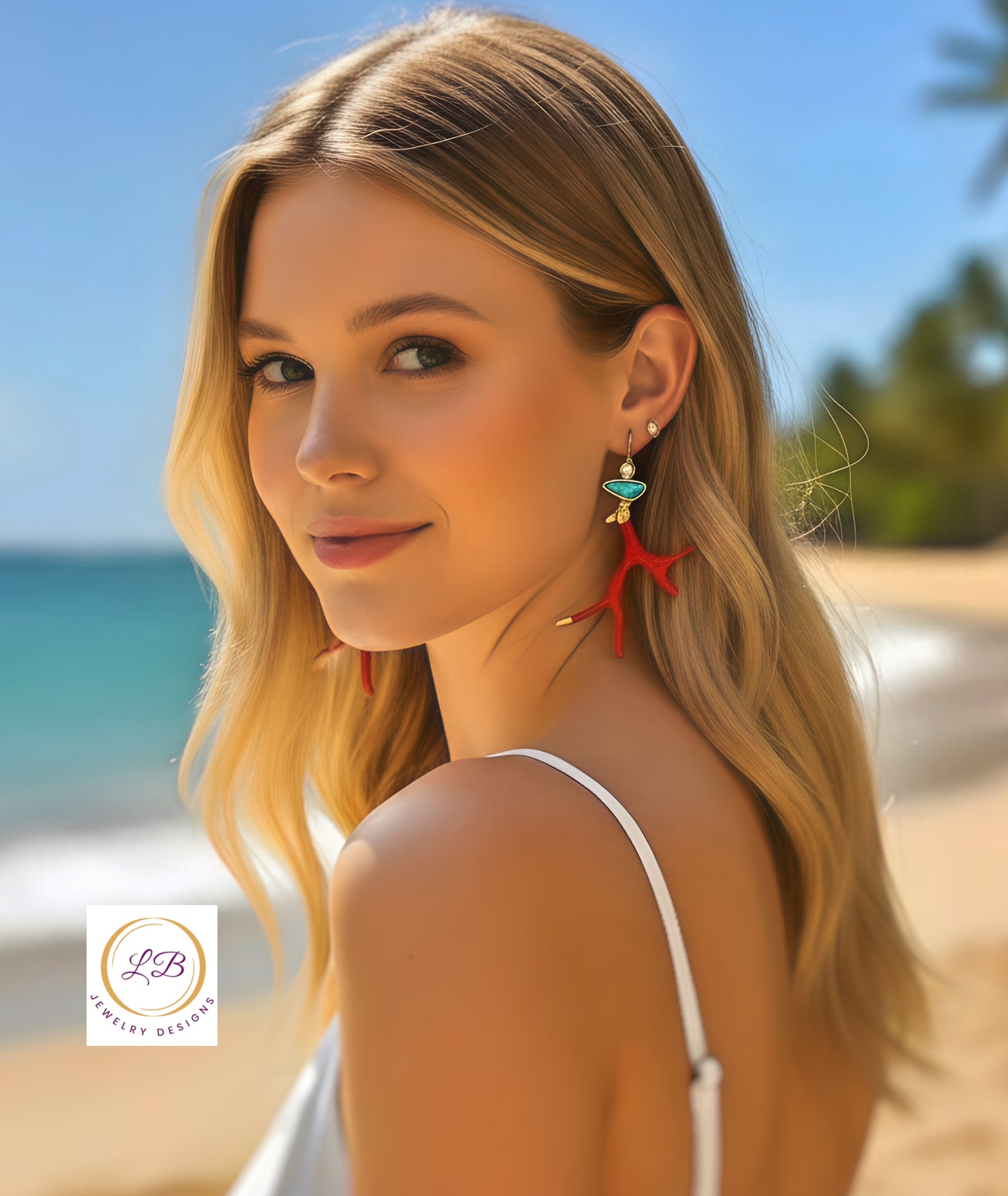 Red Coral Branch Dangle Earrings with Turquoise & Pearl – Gold Enamel Coastal Resort Statement Earrings 2”