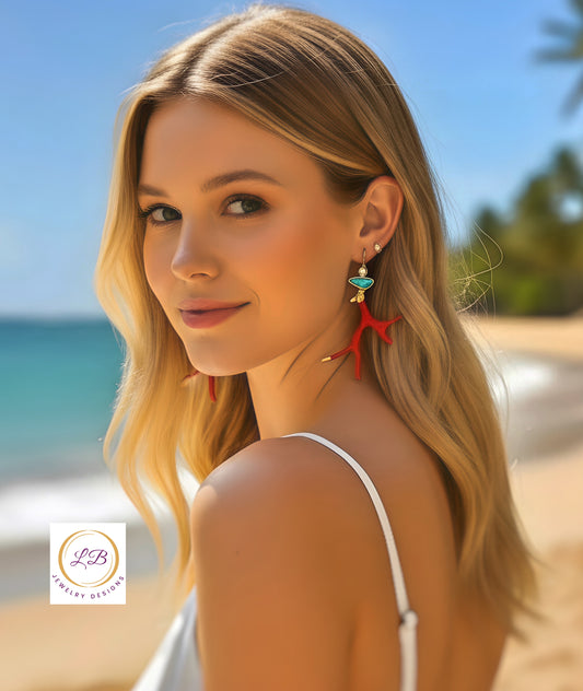 Resort Red Enamel Coral Branch Turquoise Dangle Earrings 2”