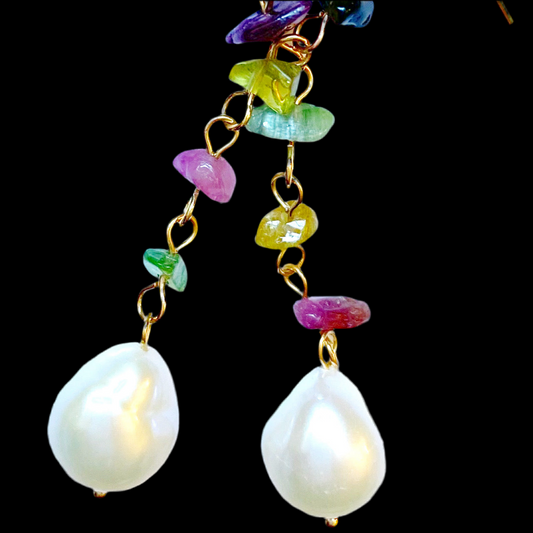 Semi-Precious Tourmaline  and Pearl Gemstone Dangle Earrings 2”