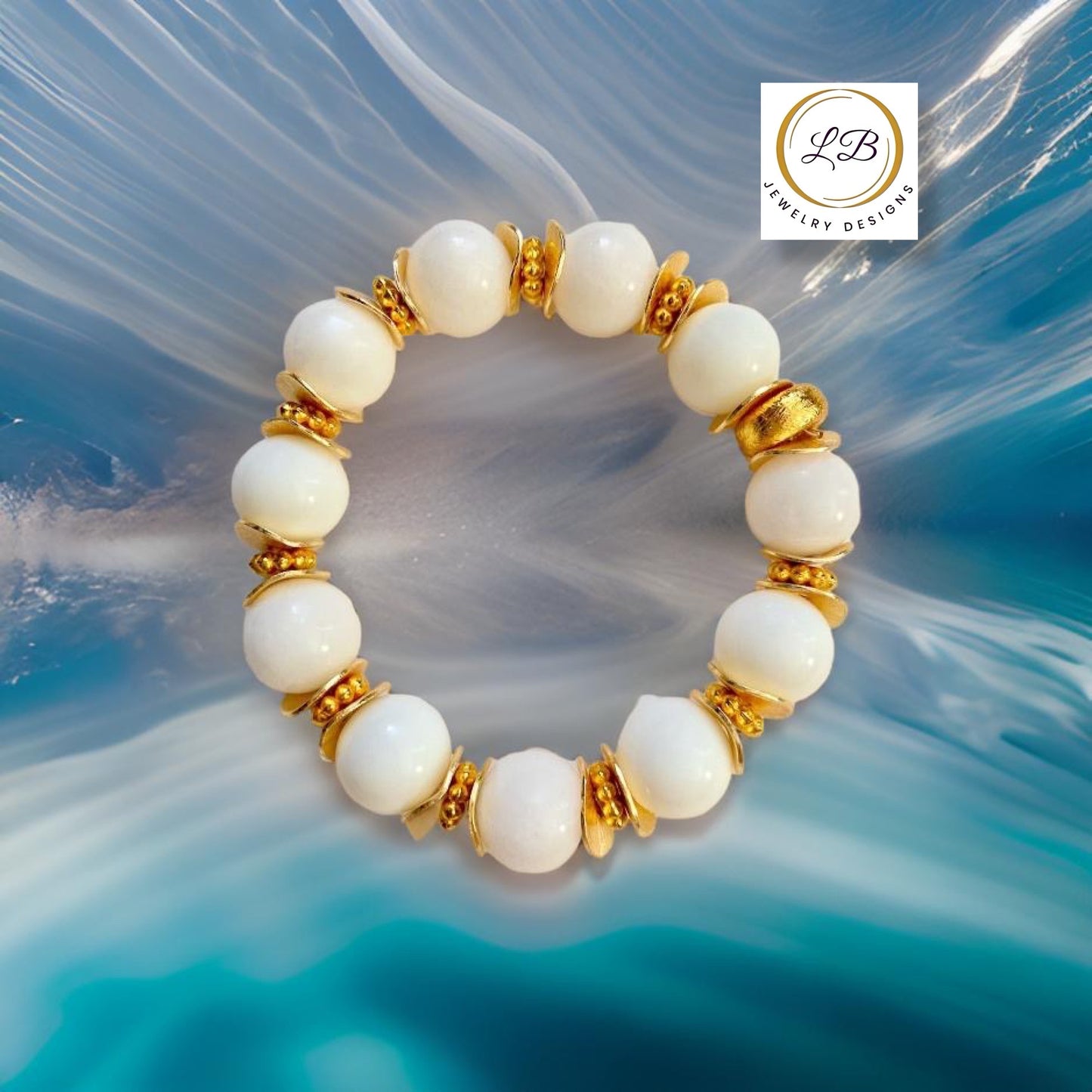 White Alabaster Gemstone Gold Beaded Bracelet