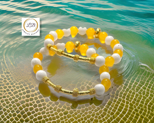 Lemon Quartz & Alabaster Gemstone Bali Tube Beaded Bracelet