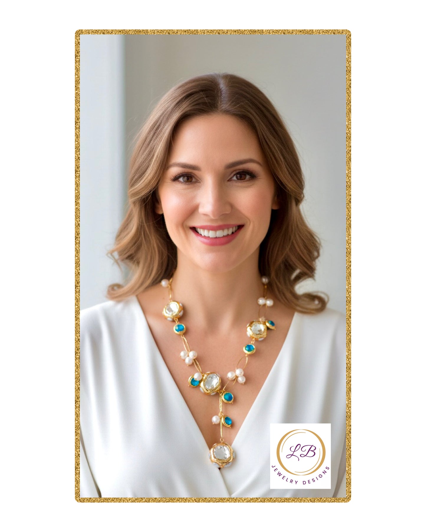 Blue Murano Baubles & Pearl Gold Chain Necklace 21”