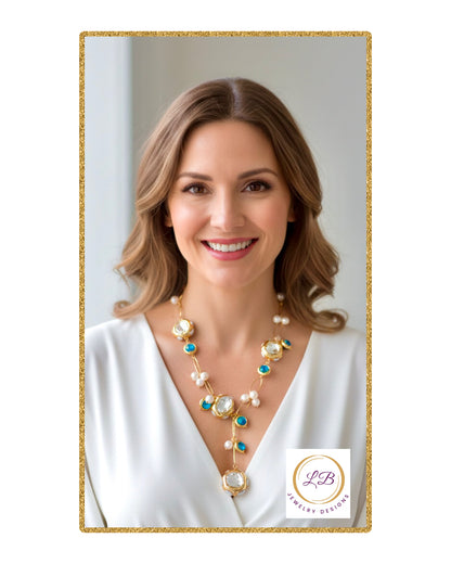 Blue Murano Baubles & Pearl Gold Chain Necklace 21”