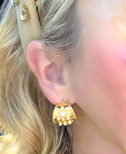 Pearl Huggie Hoop Gold Earrings