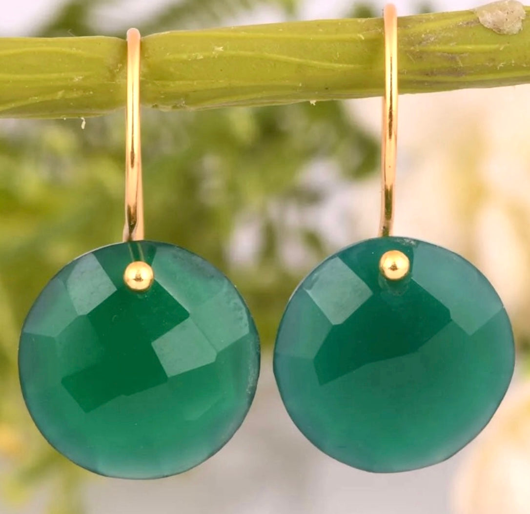 Briolette Green Onyx Gemstone Dangle Earrings 1.5”