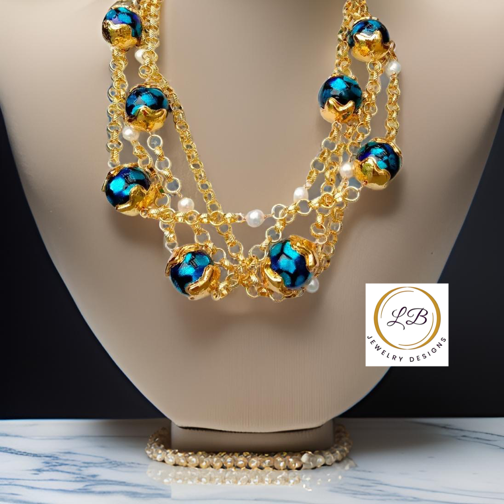 Blue Murano Baubles and Pearl Chain Triple-Strand Statement Necklace 19”