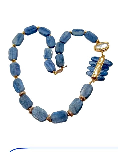 Capri Bleu Kyanite & Biwa Pearl Necklace – Luxury Blue Gemstone Statement Necklace