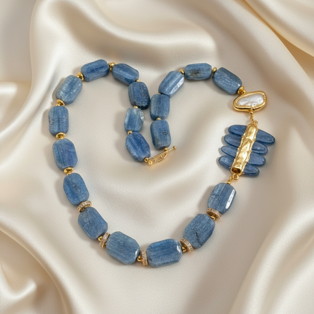 Capri Bleu Kyanite & Biwa Pearl Necklace – Luxury Blue Gemstone Statement Necklace