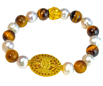 Tiger's Eye & Pearl Gemstone Gold Filigree Beaded Bracelet