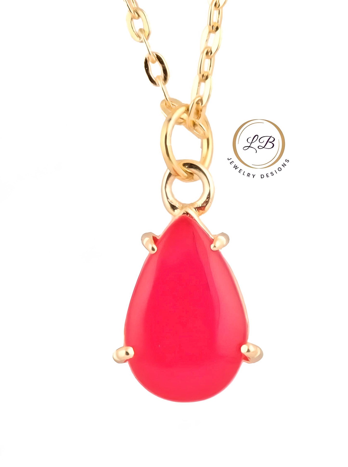 Minimalist Bright Pink Chalcedony Gold Chain Pendant Necklace 18”