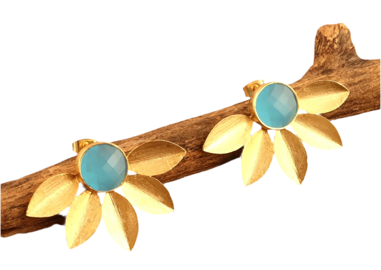 Leaf Design 18k Brushed Gold Vermeil Chalcedony Gemstone Studs 1.5”