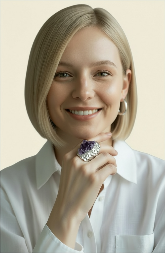 Amethyst Druzy Statement Ring: Silver Cigar Band Adjustable Ring