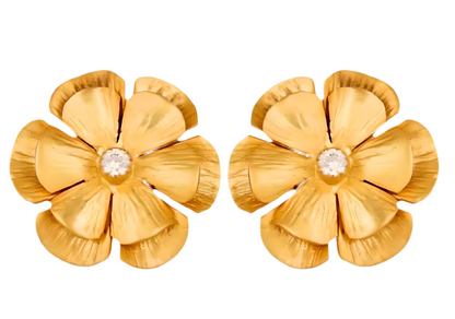 White Topaz 22k Gold Flower Statement Earrings 1”