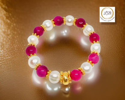 Rose Ruby Quartz & Baroque Pearl Gemstone Gold Beaded Bracelet